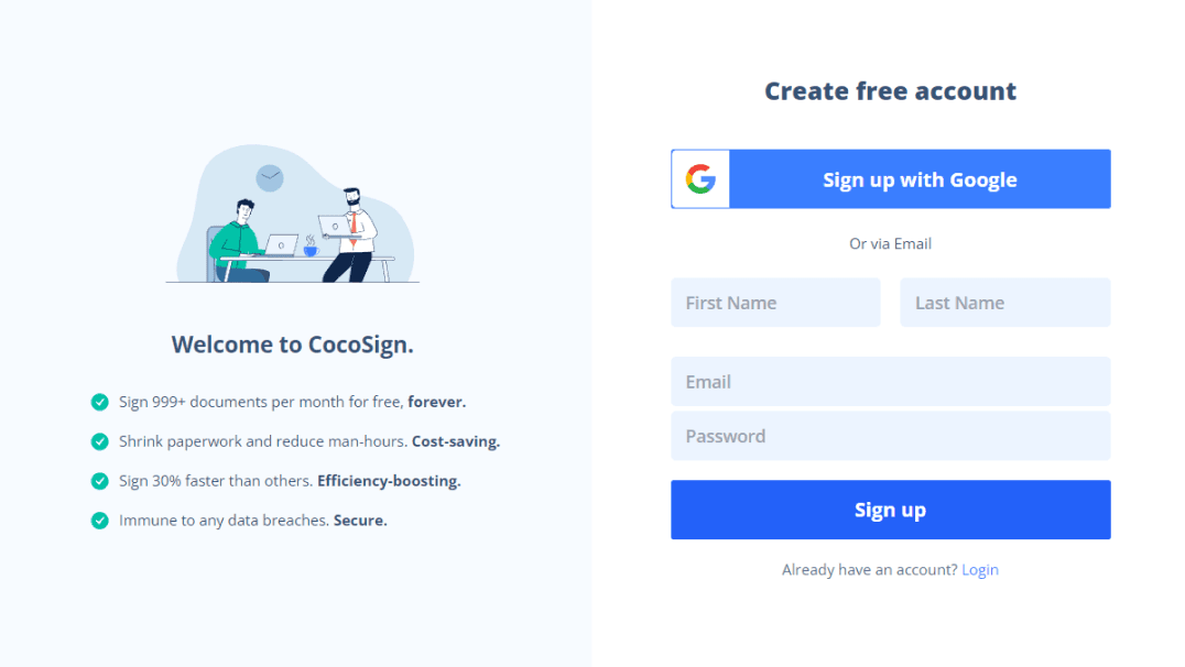 CocoSign create account